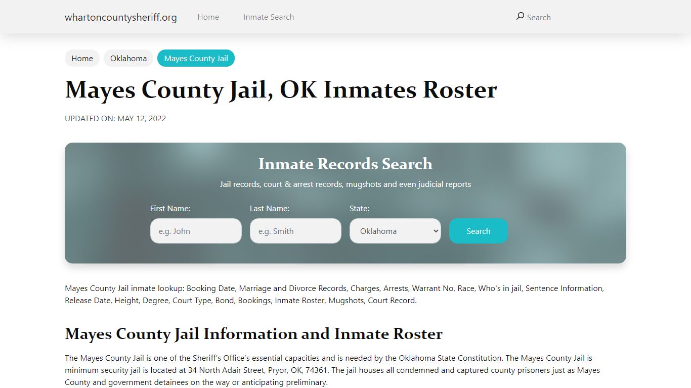 Mayes County Jail, OK Jail Roster, Name Search